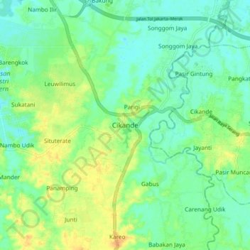 Topografisk kort Cikande, højde, terræn