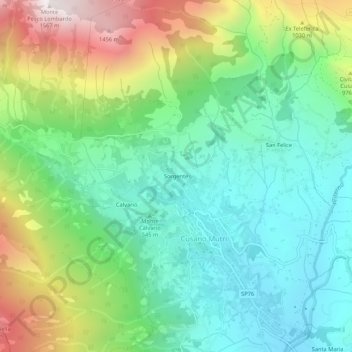 Topografisk kort Sorgente, højde, terræn