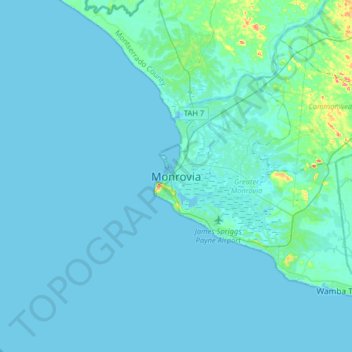 Topografisk kort Monrovia, højde, terræn