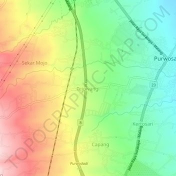 Topografisk kort Tejowangi, højde, terræn