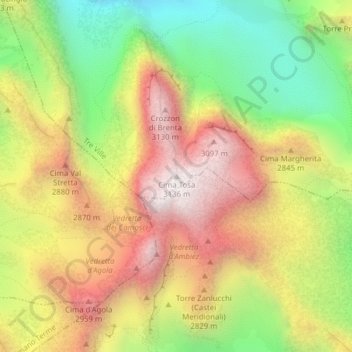 Topografisk kort Cima Tosa, højde, terræn