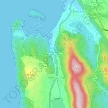 Topografisk kort Krueng Raya, højde, terræn