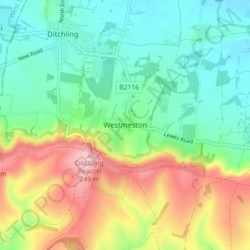 Topografisk kort Westmeston, højde, terræn