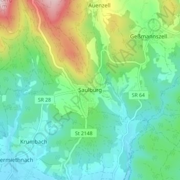 Topografisk kort Saulburg, højde, terræn
