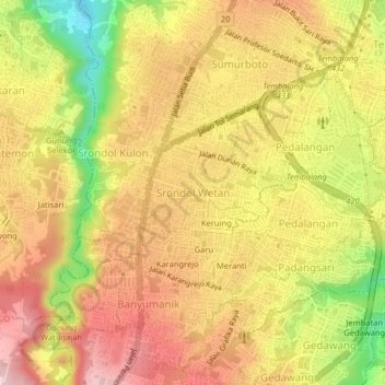 Topografisk kort Srondol Wetan, højde, terræn