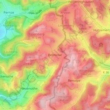 Topografisk kort Belmicke, højde, terræn