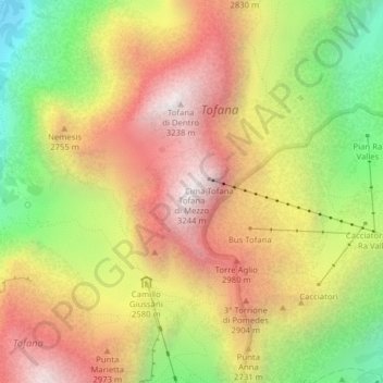 Topografisk kort Tofana di Mezzo, højde, terræn