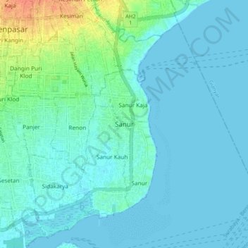 Topografisk kort Sanur, højde, terræn