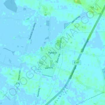 Topografisk kort Rødby, højde, terræn
