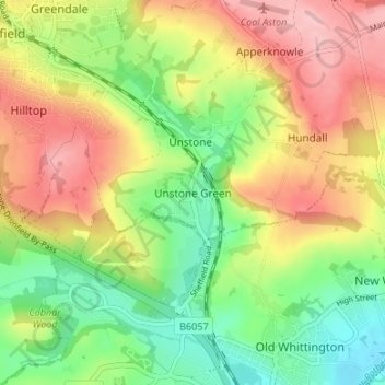 Topografisk kort Unstone Green, højde, terræn