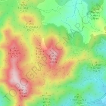 Topografisk kort Bruncu Nieddu, højde, terræn