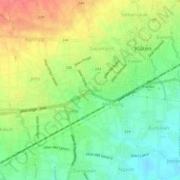 Topografisk kort Tegalyoso, højde, terræn