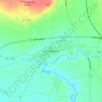 Topografisk kort Asmundtorp, højde, terræn
