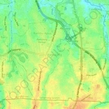 Topografisk kort Pamulang, højde, terræn