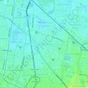 Topografisk kort Tlogosari Kulon, højde, terræn