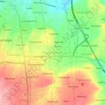 Topografisk kort Tingkir Tengah, højde, terræn