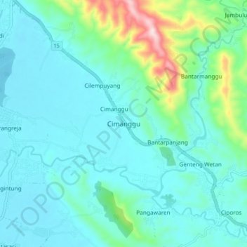 Topografisk kort Cimanggu, højde, terræn