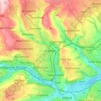 Topografisk kort Halifax, højde, terræn