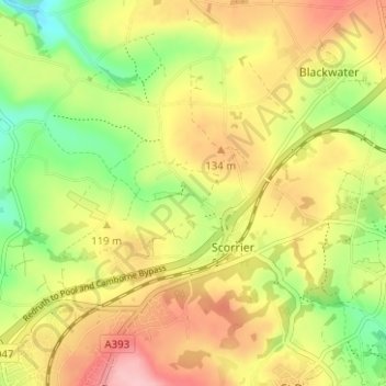 Topografisk kort Wheal Rose, højde, terræn
