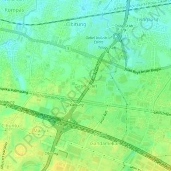 Topografisk kort Gandasari, højde, terræn