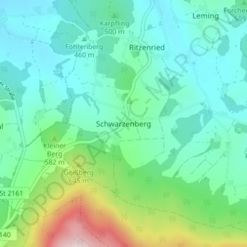 Topografisk kort Schwarzenberg, højde, terræn