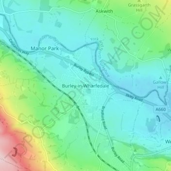 Topografisk kort Burley-in-Wharfedale, højde, terræn