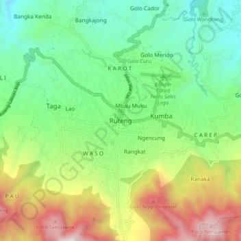 Topografisk kort Ruteng, højde, terræn
