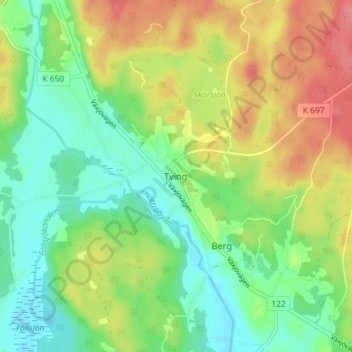 Topografisk kort Tving, højde, terræn