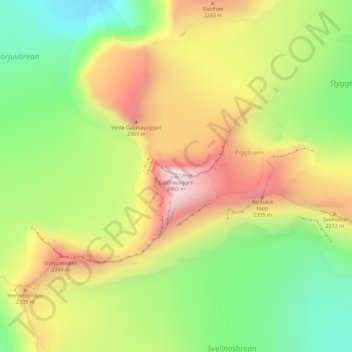 Topografisk kort Galdhøpiggen, højde, terræn