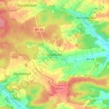 Topografisk kort Oberköst, højde, terræn