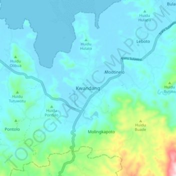 Topografisk kort Kwandang, højde, terræn
