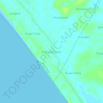 Topografisk kort Kubang Gajah, højde, terræn