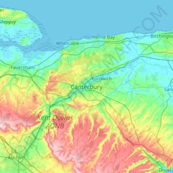 Topografisk kort Canterbury, højde, terræn