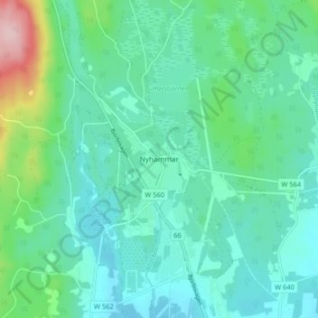 Topografisk kort Nyhammar, højde, terræn