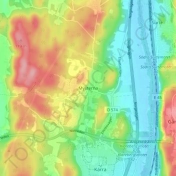 Topografisk kort Mysterna, højde, terræn
