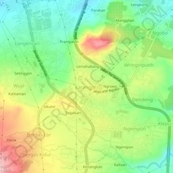 Topografisk kort Karangjati, højde, terræn