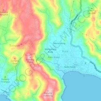 Topografisk kort Mengalung Kute, højde, terræn