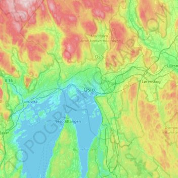 Topografisk kort Oslo, højde, terræn
