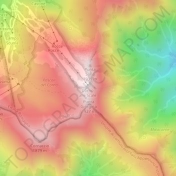 Topografisk kort Corno alle Scale, højde, terræn