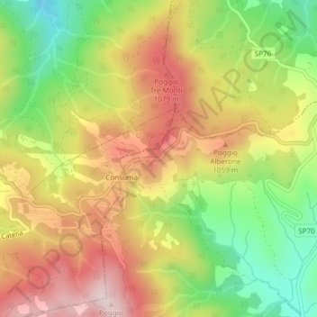 Topografisk kort Passo della Consuma, højde, terræn