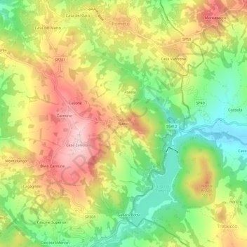 Topografisk kort Ruino, højde, terræn