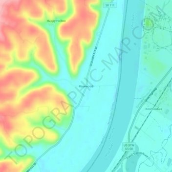 Topografisk kort Rosewood, højde, terræn