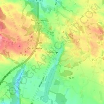 Topografisk kort Tebstrup, højde, terræn