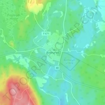 Topografisk kort Bottnaryd, højde, terræn