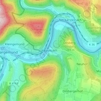 Topografisk kort Rainbach, højde, terræn