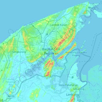Topografisk kort Bandar Seri Begawan, højde, terræn