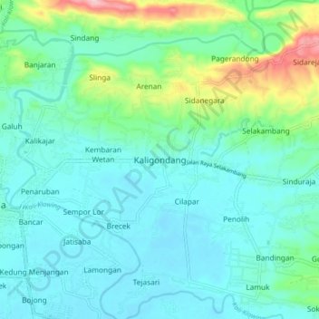 Topografisk kort Kaligondang, højde, terræn