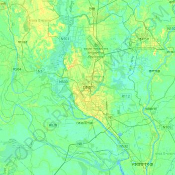 Topografisk kort ঢাকা, højde, terræn