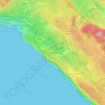 Topografisk kort Aurisina, højde, terræn