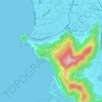 Topografisk kort Batang Arau, højde, terræn